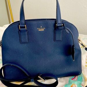 kate spade crossbody/satchel, midnight blue leather, 2 sect. 3 interior pockets.